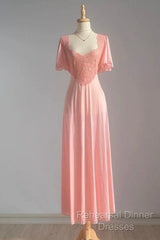 Retro Pink Long Bridesmaid Dress Lace Semi Formal Prom Dresses