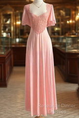 Retro Pink Long Bridesmaid Dress Lace Semi Formal Prom Dresses