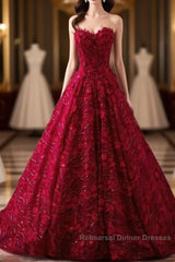 Romantic Burgundy Lace Embroidery Sweetheart Wedding Dresses Princess