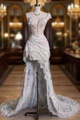 Romantic High Low One Shoulder Lace White Long Wedding Dresses