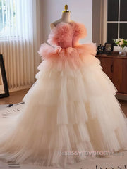 Romantic Pink Tulle Ball Gown Ombre Tiers Semi Formal Prom Dress