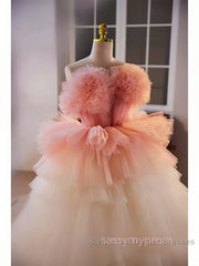 Romantic Pink Tulle Ball Gown Ombre Tiers Semi Formal Prom Dress