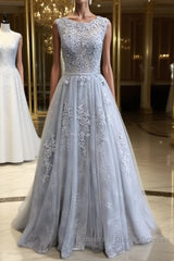 Round Neck Appliques Vintage Tulle Lace Semi Formal Prom Dresses, Bridesmaid Dresses