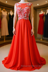 Round Neck Beaded Red Semi Formal Prom Dresses, Red Formal Dresses, Red Evening Dresses