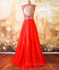 Round Neck Beaded Red Semi Formal Prom Dresses, Red Formal Dresses, Red Evening Dresses
