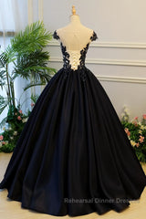 Round Neck Black Lace Floral Long Semi Formal Prom Dresses, Black Lace Formal Dresses with Appliques, Black Evening Dresses
