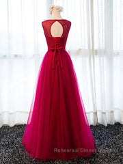 Round Neck Burgundy Beaded Semi Formal Prom Dresses, Wine Red Beaded Formal Evening Bridesmaid Dresses