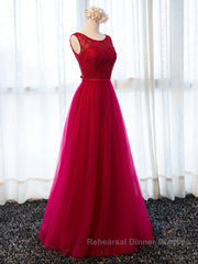 Round Neck Burgundy Beaded Semi Formal Prom Dresses, Wine Red Beaded Formal Evening Bridesmaid Dresses