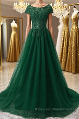 Round Neck Cap Sleeves Lace Long Semi Formal Prom Dresses,Tulle Lace Formal Evening Dresses