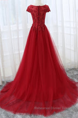 Round Neck Cap Sleeves Lace Long Semi Formal Prom Dresses,Tulle Lace Formal Evening Dresses