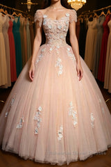 Round Neck Cap Sleeves Lace Pink Long Semi Formal Prom Dresses, Pink Lace Formal Dresses, Pink Evening Dresses, Ball Gown