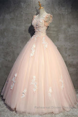 Round Neck Cap Sleeves Lace Pink Long Semi Formal Prom Dresses, Pink Lace Formal Dresses, Pink Evening Dresses, Ball Gown