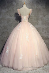 Round Neck Cap Sleeves Lace Pink Long Semi Formal Prom Dresses, Pink Lace Formal Dresses, Pink Evening Dresses, Ball Gown
