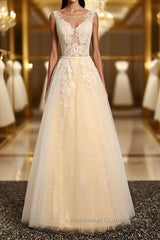 Round Neck Champagne Lace Semi Formal Prom Dresses with Corset Back, Champagne Lace Formal Evening Bridesmaid Dresses