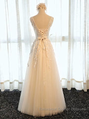 Round Neck Champagne Lace Semi Formal Prom Dresses with Corset Back, Champagne Lace Formal Evening Bridesmaid Dresses