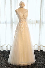 Round Neck Champagne Lace Semi Formal Prom Dresses with Corset Back, Champagne Lace Formal Evening Bridesmaid Dresses