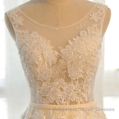 Round Neck Champagne Lace Semi Formal Prom Dresses with Corset Back, Champagne Lace Formal Evening Bridesmaid Dresses
