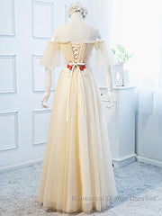 Round Neck Floral Champagne Long Semi Formal Prom Dresses with Corset Back, Champagne Long Formal Bridesmaid Dresses