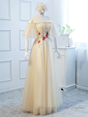 Round Neck Floral Champagne Long Semi Formal Prom Dresses with Corset Back, Champagne Long Formal Bridesmaid Dresses
