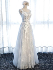Round Neck Gray Lace Semi Formal Prom Dresses with Corset Back, Gray Lace Formal Evening Bridesmaid Dresses