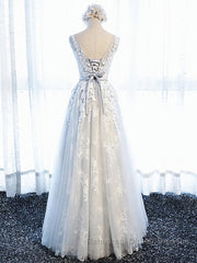 Round Neck Gray Lace Semi Formal Prom Dresses with Corset Back, Gray Lace Formal Evening Bridesmaid Dresses