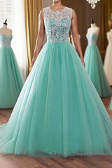 Round Neck Green Lace Tulle Long Semi Formal Prom Dresses, Green Lace Formal Dresses, Green Evening Dresses