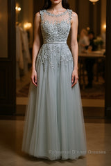 Round Neck Lace Semi Formal Prom Dresses, Lace Formal Evening Dresses