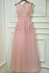 Round Neck Lace Semi Formal Prom Dresses, Lace Formal Evening Dresses