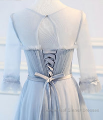 Round Neck Long Sleeves Blue Semi Formal Prom Dresses, Long Sleeves Blue Formal Bridesmaid Evening Dresses