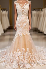 Round Neck Mermaid Champagne Lace Long Semi Formal Prom Dresses, Mermaid Champagne Formal Dresses, Champagne Lace Evening Dresses