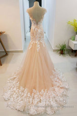 Round Neck Mermaid Champagne Lace Long Semi Formal Prom Dresses, Mermaid Champagne Formal Dresses, Champagne Lace Evening Dresses