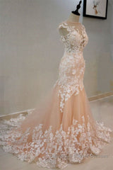 Round Neck Mermaid Champagne Lace Long Semi Formal Prom Dresses, Mermaid Champagne Formal Dresses, Champagne Lace Evening Dresses