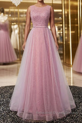 Round Neck Pink Beaded Long Semi Formal Prom Dresses, Pink Long Formal Evening Dresses