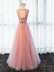 Round Neck Pink Beaded Long Semi Formal Prom Dresses, Pink Long Formal Evening Dresses