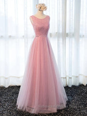 Round Neck Pink Beaded Long Semi Formal Prom Dresses, Pink Long Formal Evening Dresses