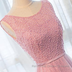 Round Neck Pink Beaded Long Semi Formal Prom Dresses, Pink Long Formal Evening Dresses