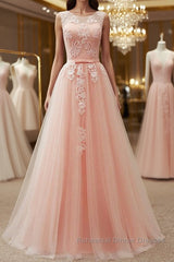 Round Neck Pink Lace Long Semi Formal Prom Dresses, Pink Lace Bridesmaid Dresses