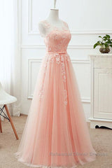 Round Neck Pink Lace Long Semi Formal Prom Dresses, Pink Lace Bridesmaid Dresses