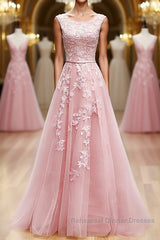 Round Neck Pink Lace Semi Formal Prom Dresses, Pink Lace Long Formal Evening Dresses