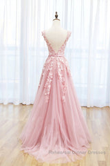 Round Neck Pink Lace Semi Formal Prom Dresses, Pink Lace Long Formal Evening Dresses