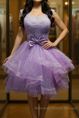 Round Neck Purple Lace Short Semi Formal Prom Dresses, Lilac Lace Homecoming Dresses, Purple Formal Evening Dresses