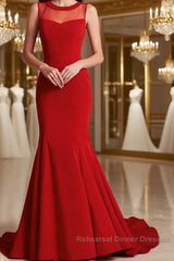 Round Neck Red Semi Formal Prom Dresses, Red Evening Dresses, Red Long Dresses