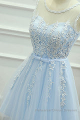 Round Neck Short Blue Lace Semi Formal Prom Dresses, Short Blue Lace Homecoming Graduation Dresses
