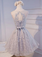 Round Neck Short Gray Lace Semi Formal Prom Dresses, Short Gray Lace Formal Homecoming Graduation Dresses