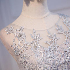 Round Neck Short Gray Lace Semi Formal Prom Dresses, Short Gray Lace Formal Homecoming Graduation Dresses