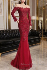 Round Neck Short Sleeves Mermaid Burgundy Lace Long Semi Formal Prom Dresses, Mermaid Burgundy Lace Formal Dresses, Wine Red Evening Dresses