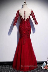 Round Neck Short Sleeves Mermaid Burgundy Lace Long Semi Formal Prom Dresses, Mermaid Burgundy Lace Formal Dresses, Wine Red Evening Dresses