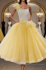 Round Neck Yellow Lace Tulle Semi Formal Prom Dresses, Yellow Lace Short Homecoming Dresses, Yellow Formal Graduation Evening Dresses