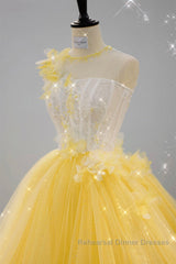 Round Neck Yellow Lace Tulle Semi Formal Prom Dresses, Yellow Lace Short Homecoming Dresses, Yellow Formal Graduation Evening Dresses