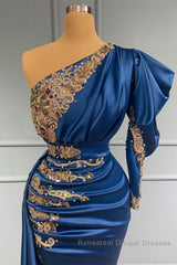 Royal Blue Asymmetric One Shoulder Stretch Satin Evening Semi Formal Prom Dresses with Appliques